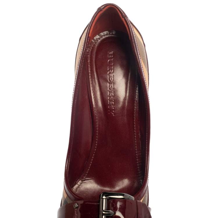 Pre Owned Burberry Burgundy Nova Check PVC and Patent Leather Buckle Peep Toe Pumps Size 40