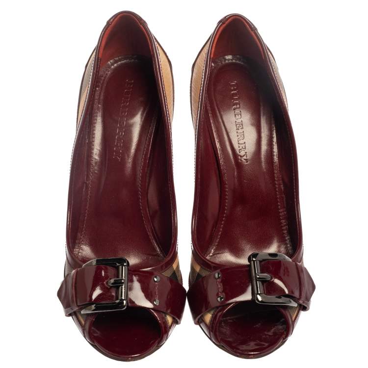 Pre Owned Burberry Burgundy Nova Check PVC and Patent Leather Buckle Peep Toe Pumps Size 40