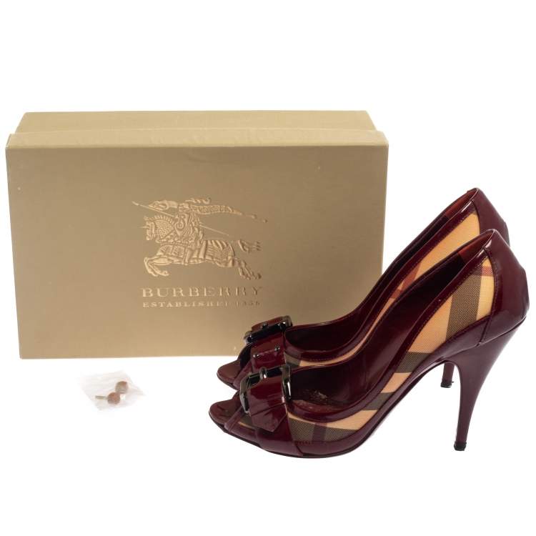 Pre Owned Burberry Burgundy Nova Check PVC and Patent Leather Buckle Peep Toe Pumps Size 40
