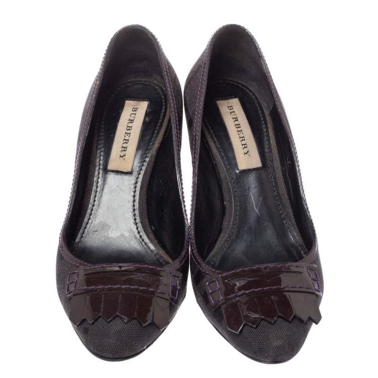 Pre Owned Burberry Black Canvas And Patent Leather Fringe Detail Pumps Size 36