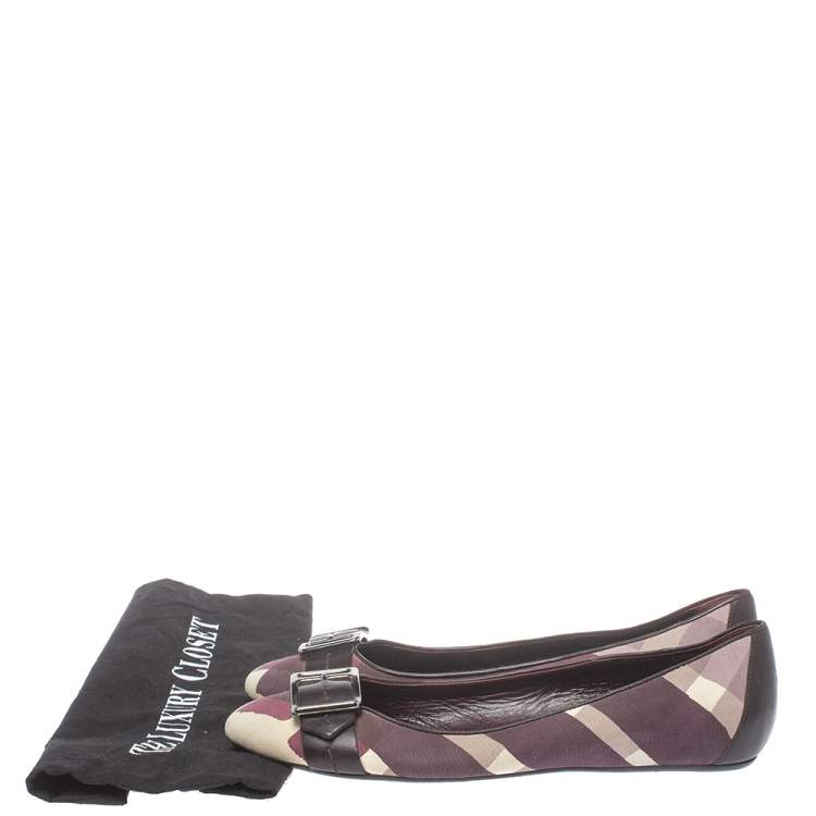 Pre Owned Burberry Purple Canvas And Leather Buckle Ballet Flats Size 38