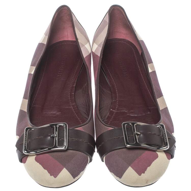 Pre Owned Burberry Purple Canvas And Leather Buckle Ballet Flats Size 38