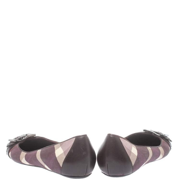 Pre Owned Burberry Purple Canvas And Leather Buckle Ballet Flats Size 38