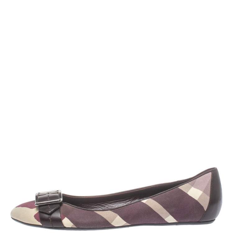 Pre Owned Burberry Purple Canvas And Leather Buckle Ballet Flats Size 38