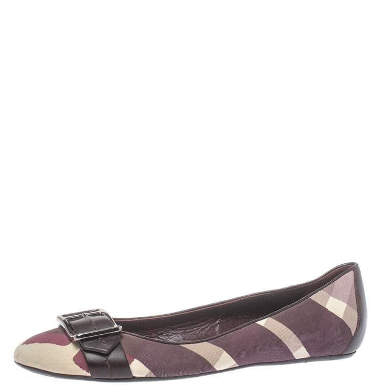 Pre Owned Burberry Purple Canvas And Leather Buckle Ballet Flats Size 38