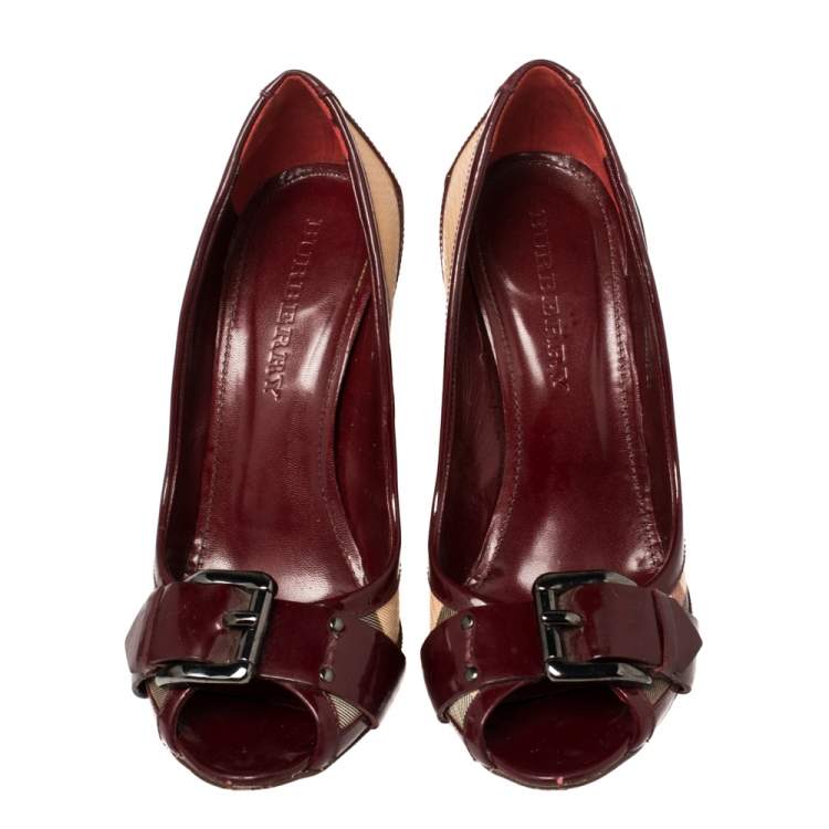 Pre Owned Burberry Burgundy Nova Check Coated Canvas and Patent Leather Buckle Peep Toe Pumps Size 38