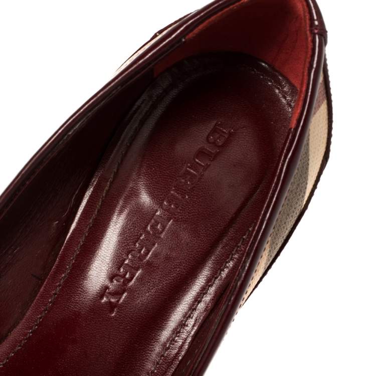 Pre Owned Burberry Burgundy Nova Check Coated Canvas and Patent Leather Buckle Peep Toe Pumps Size 38