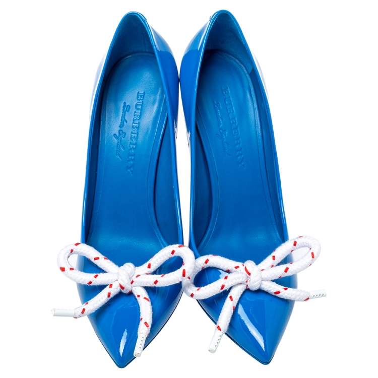Pre Owned Burberry Blue Patent Leather Finsbury Bow Pointed Toe Pumps Size 40