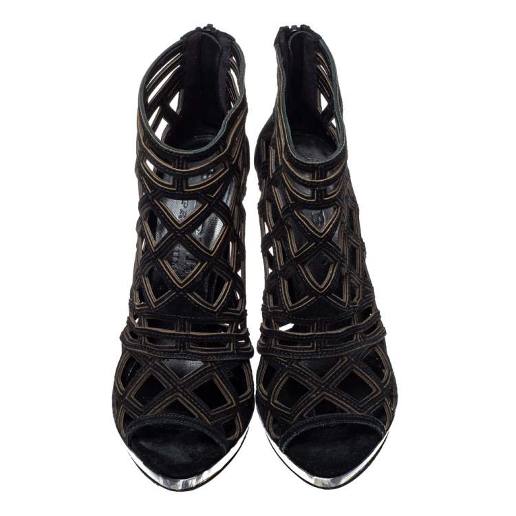 Pre Owned Burberry Black Suede Cutout Booties Size 40
