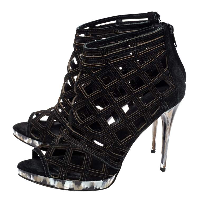 Pre Owned Burberry Black Suede Cutout Booties Size 40