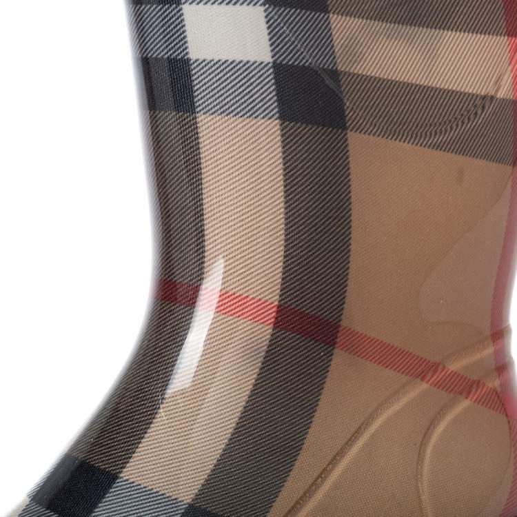 Pre Owned Burberry Brown Nova Check Rubber Rain Boots Size 38