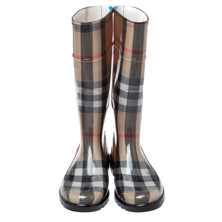 Pre Owned Burberry Brown Nova Check Rubber Rain Boots Size 38