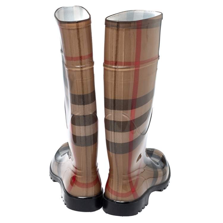 Pre Owned Burberry Brown Nova Check Rubber Rain Boots Size 38
