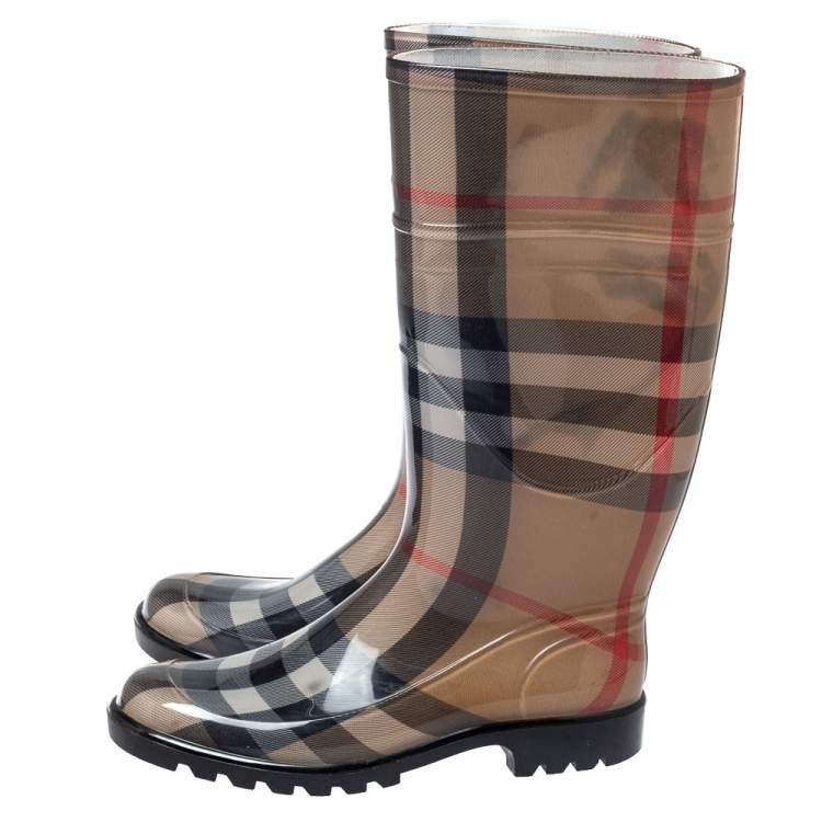 Pre Owned Burberry Brown Nova Check Rubber Rain Boots Size 38