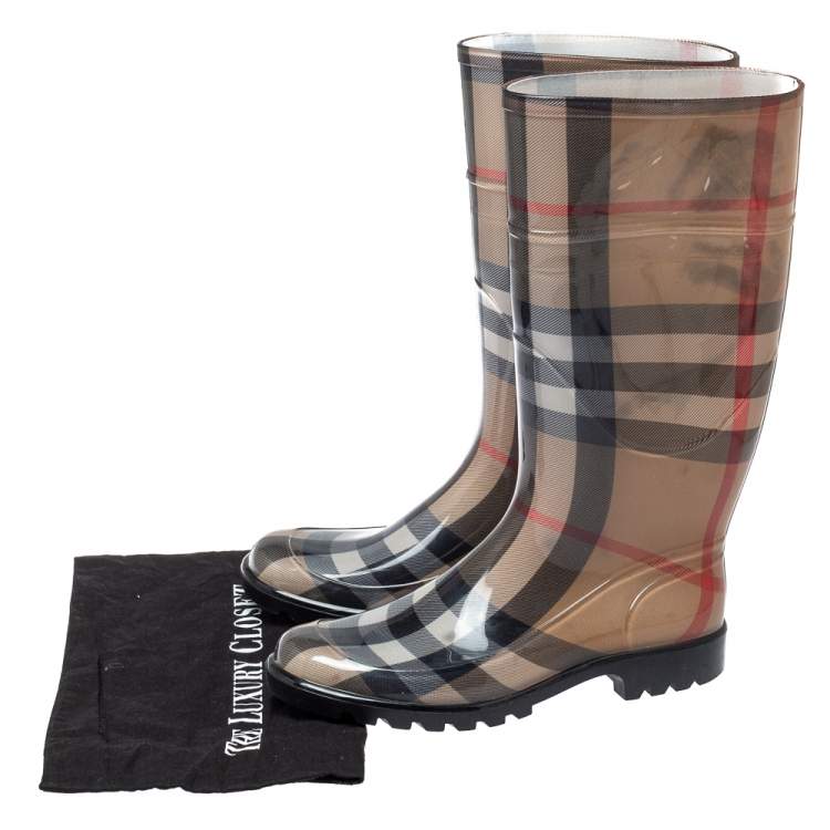 Pre Owned Burberry Brown Nova Check Rubber Rain Boots Size 38