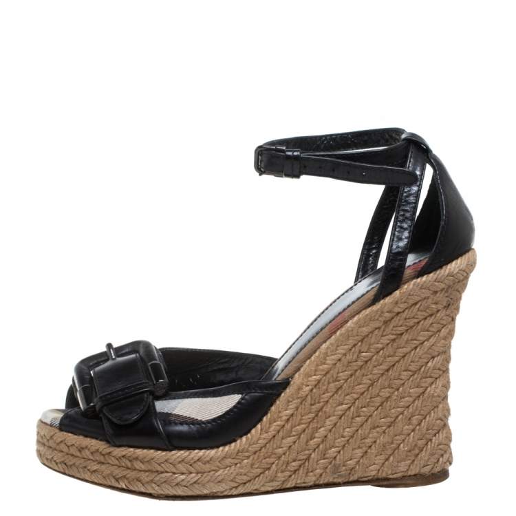 Pre Owned Burberry Black/Beige Canvas And  Leather Buckle Strap Wedges Size 37