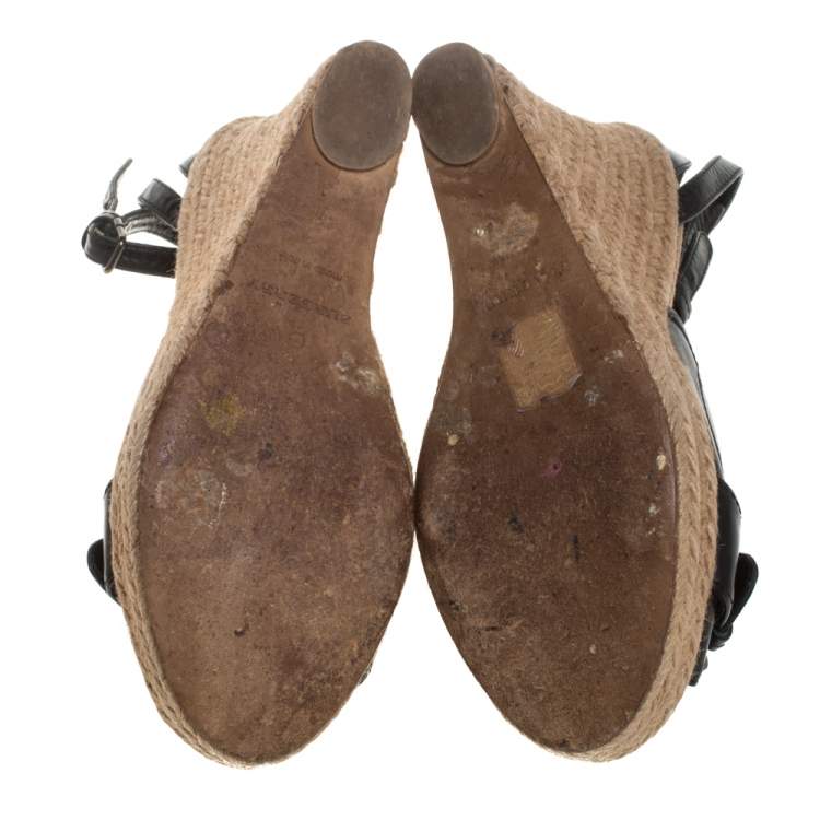 Pre Owned Burberry Black/Beige Canvas And  Leather Buckle Strap Wedges Size 37