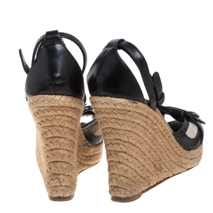 Pre Owned Burberry Black/Beige Canvas And  Leather Buckle Strap Wedges Size 37