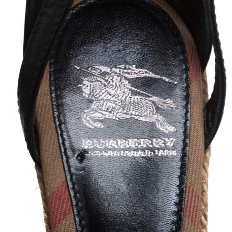 Pre Owned Burberry Black/Beige Canvas And  Leather Buckle Strap Wedges Size 37