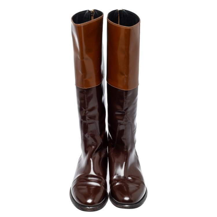 Pre Owned Burberry Burgundy/Brown Leather Logo Embellished Knee High Boots Size 38