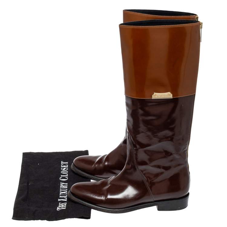 Pre Owned Burberry Burgundy/Brown Leather Logo Embellished Knee High Boots Size 38