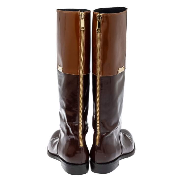 Pre Owned Burberry Burgundy/Brown Leather Logo Embellished Knee High Boots Size 38