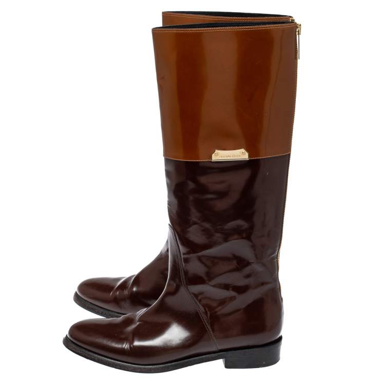 Pre Owned Burberry Burgundy/Brown Leather Logo Embellished Knee High Boots Size 38