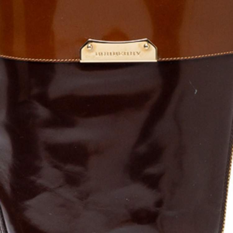 Pre Owned Burberry Burgundy/Brown Leather Logo Embellished Knee High Boots Size 38