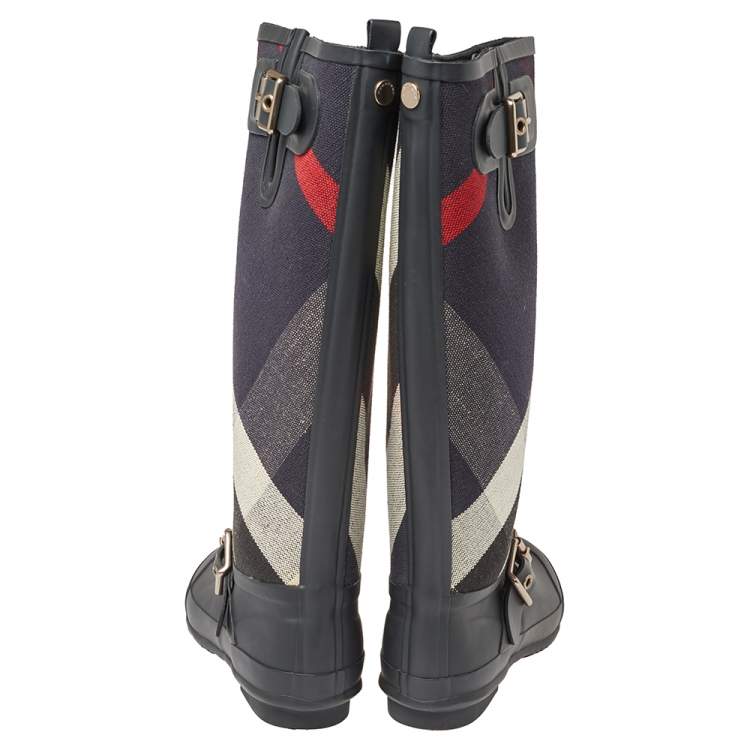 Pre Owned Burberry Black Rubber And Fabric Check Buckle Detail Rain Boots Size 38