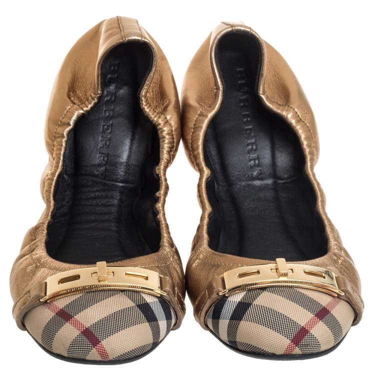 Pre Owned Burberry Nova Check Canvas And Metallic Gold Leather Southwark Scrunch Ballet Flats Size 38