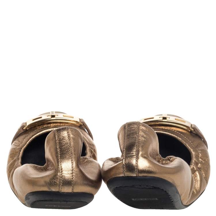 Pre Owned Burberry Nova Check Canvas And Metallic Gold Leather Southwark Scrunch Ballet Flats Size 38
