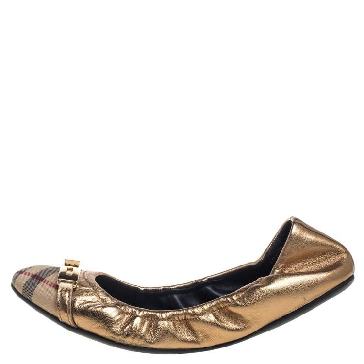 Pre Owned Burberry Nova Check Canvas And Metallic Gold Leather Southwark Scrunch Ballet Flats Size 38