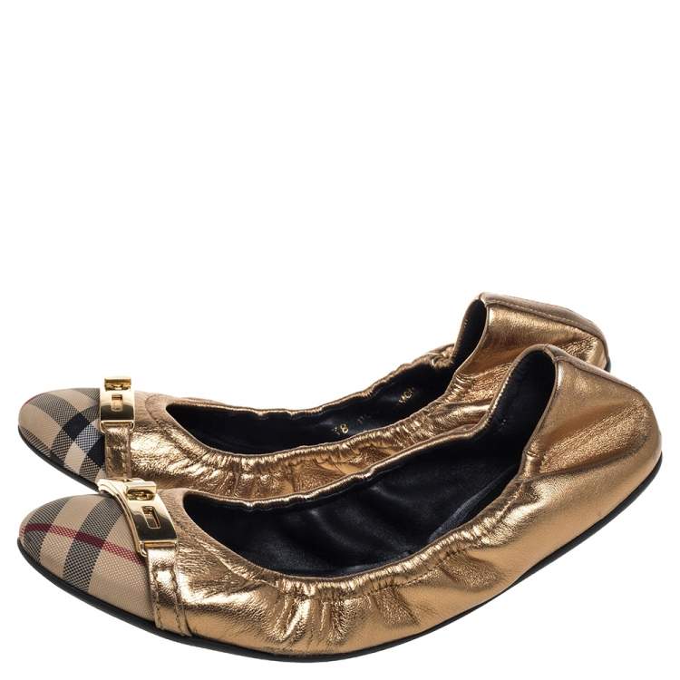 Pre Owned Burberry Nova Check Canvas And Metallic Gold Leather Southwark Scrunch Ballet Flats Size 38