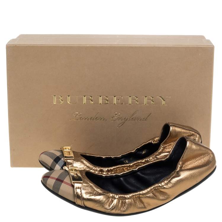 Pre Owned Burberry Nova Check Canvas And Metallic Gold Leather Southwark Scrunch Ballet Flats Size 38