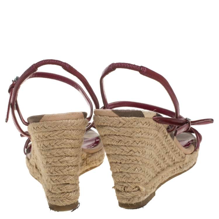 Pre Owned Burberry Pink Patent Leather And Nova Check Canvas Ankle Strap Espadrille Wedge Sandals Size 37