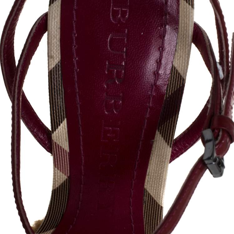 Pre Owned Burberry Pink Patent Leather And Nova Check Canvas Ankle Strap Espadrille Wedge Sandals Size 37
