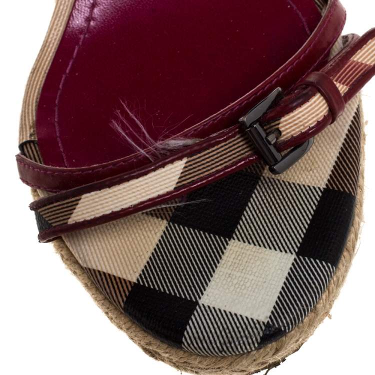 Pre Owned Burberry Pink Patent Leather And Nova Check Canvas Ankle Strap Espadrille Wedge Sandals Size 37