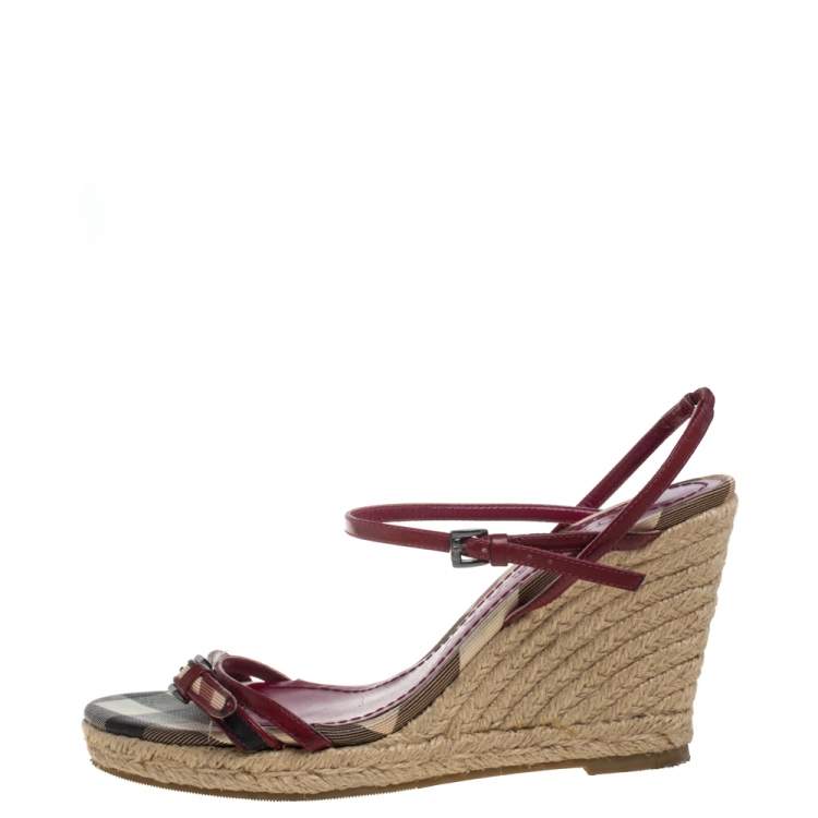 Pre Owned Burberry Pink Patent Leather And Nova Check Canvas Ankle Strap Espadrille Wedge Sandals Size 37