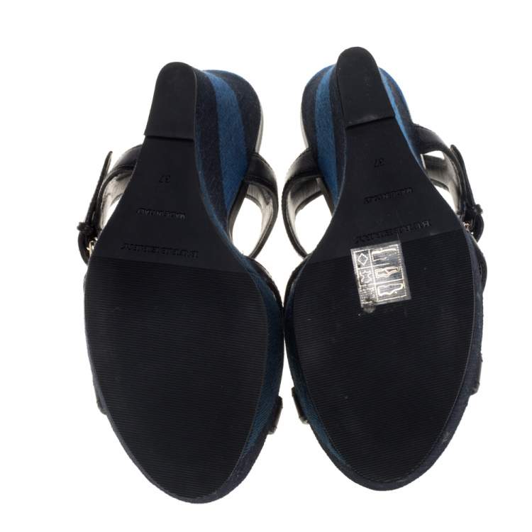 Pre Owned Burberry Black Leather And Canvas Criss Cross Wedge Slingback Platform Sandals Size 37