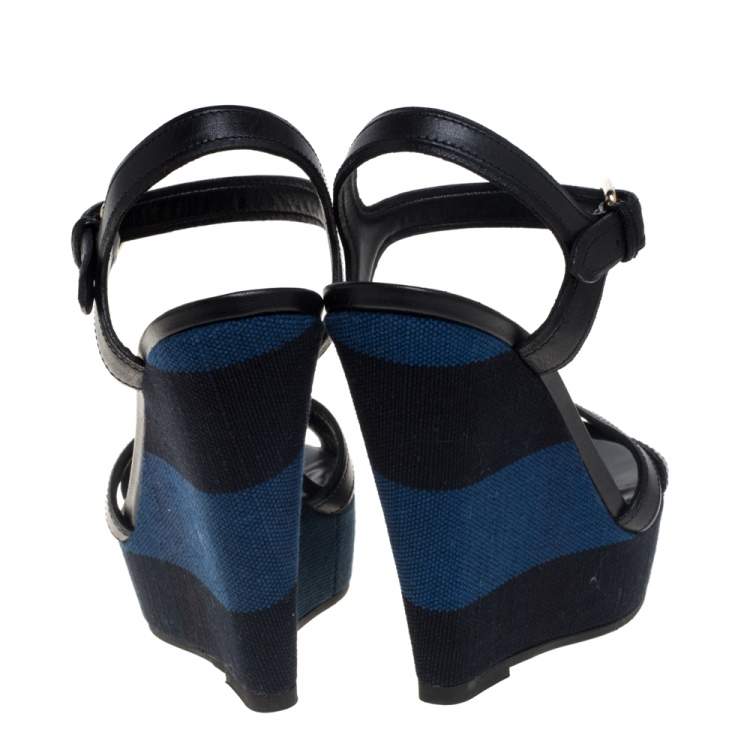 Pre Owned Burberry Black Leather And Canvas Criss Cross Wedge Slingback Platform Sandals Size 37