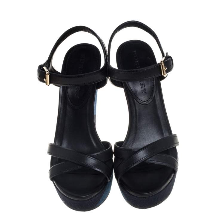 Pre Owned Burberry Black Leather And Canvas Criss Cross Wedge Slingback Platform Sandals Size 37