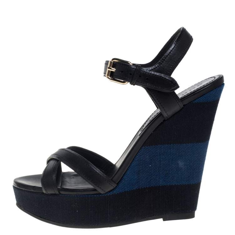 Pre Owned Burberry Black Leather And Canvas Criss Cross Wedge Slingback Platform Sandals Size 37