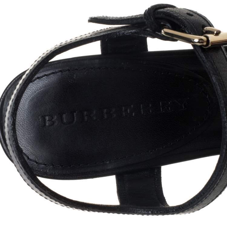 Pre Owned Burberry Black Leather And Canvas Criss Cross Wedge Slingback Platform Sandals Size 37