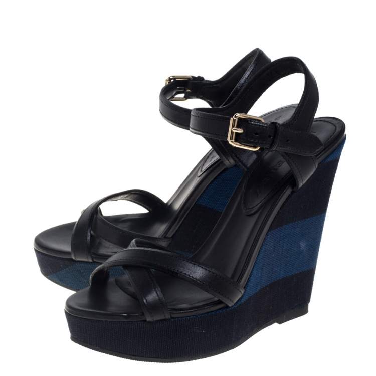 Pre Owned Burberry Black Leather And Canvas Criss Cross Wedge Slingback Platform Sandals Size 37