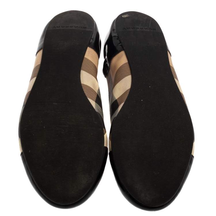 Pre Owned Burberry Black Patent Leather And Nova Check Canvas Scrunch Ballet Flats 39