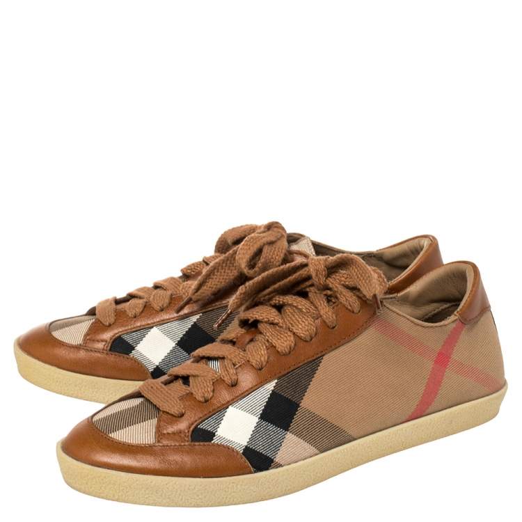 Pre Owned Burberry Brown/Beige Nova Check Canvas And Leather Plaid Sneakers Size 38