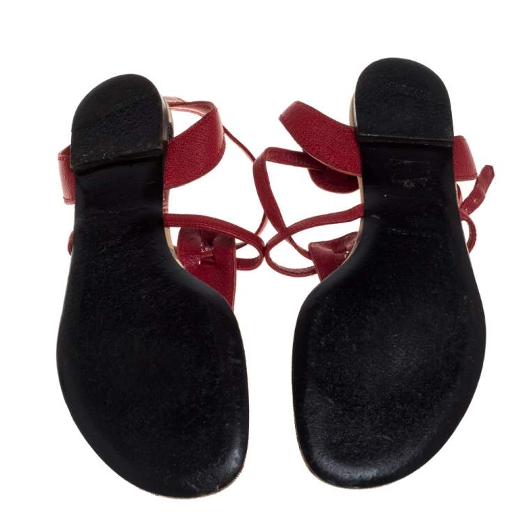 Pre Owned Burberry Red Leather T Strap Thong Flat Sandals Size 39