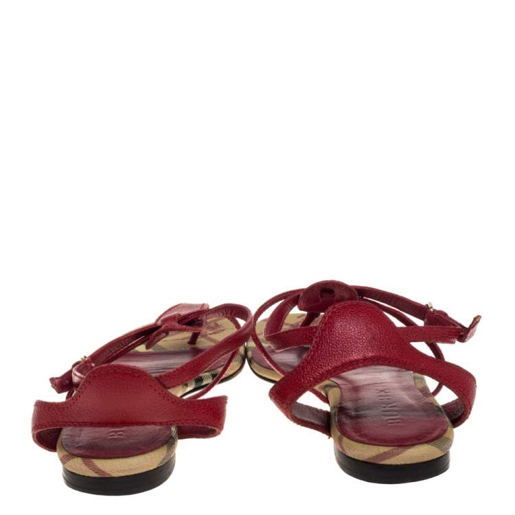 Pre Owned Burberry Red Leather T Strap Thong Flat Sandals Size 39