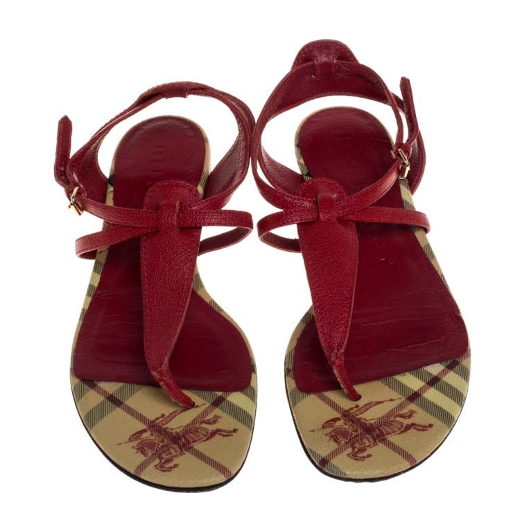 Pre Owned Burberry Red Leather T Strap Thong Flat Sandals Size 39
