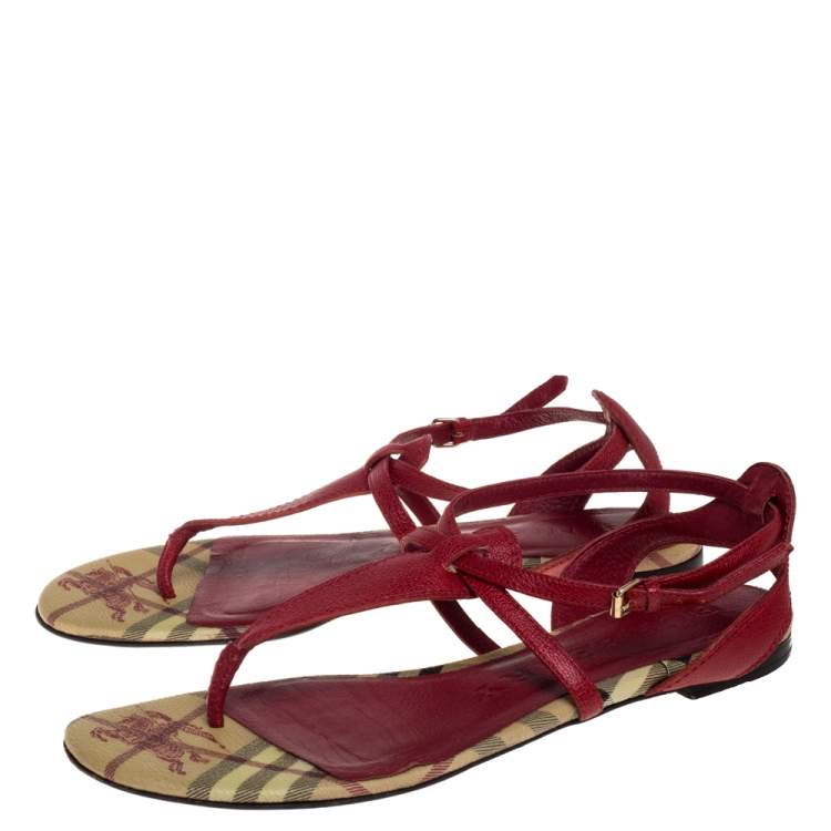 Pre Owned Burberry Red Leather T Strap Thong Flat Sandals Size 39